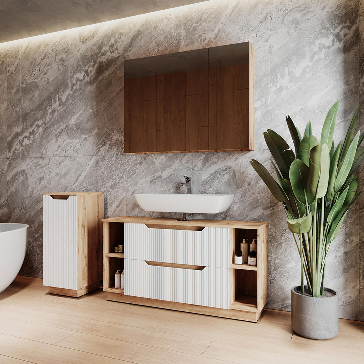 BADMÖBEL-SET Lotta Eiche/weiß gestreift 3 Teile - Eichefarben/Weiß, Holzwerkstoff (119.2/62.5/35cm) - Vicco