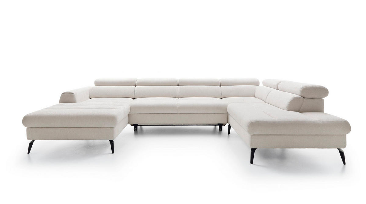 WOHNLANDSCHAFT NOTE Creme Chenille mit Schlaffunktion - Creme, Holz (345/93/257cm) - MASSENO