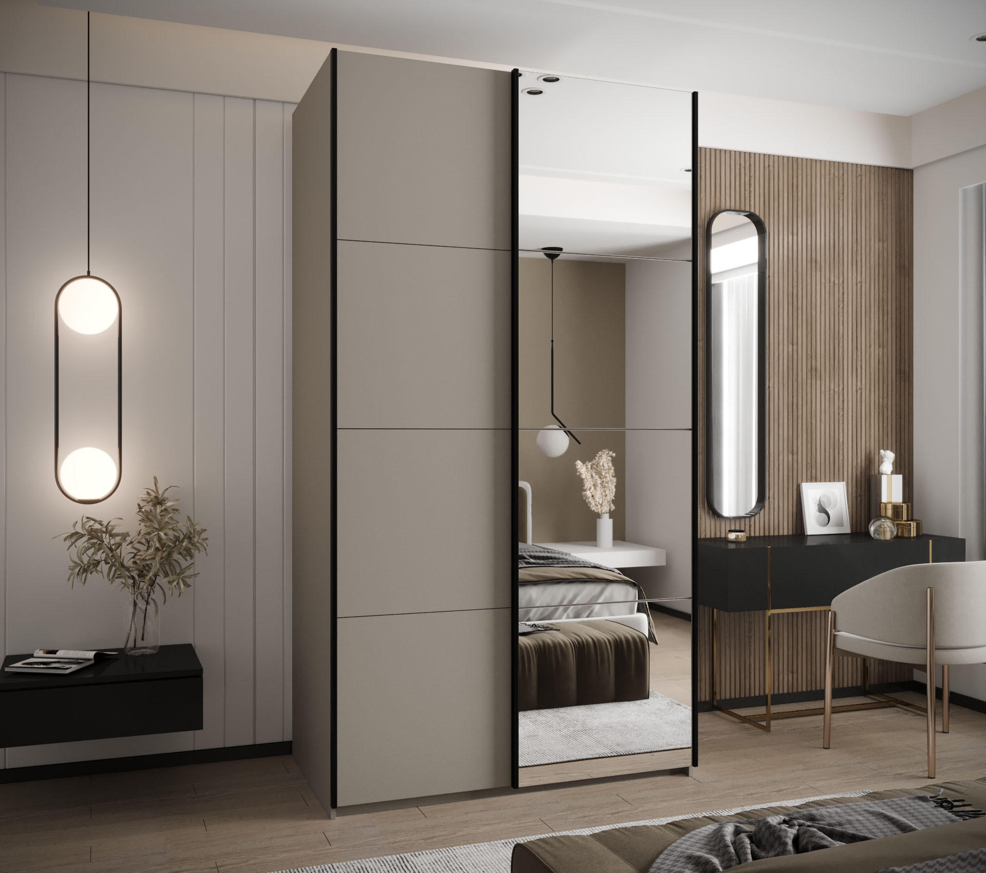 SCHWEBETÜRENSCHRANK 245,5/140/64 2-türig - Kaschmir/Schwarz, Holz/Metall (140/245/64cm) - Abiks Möbel