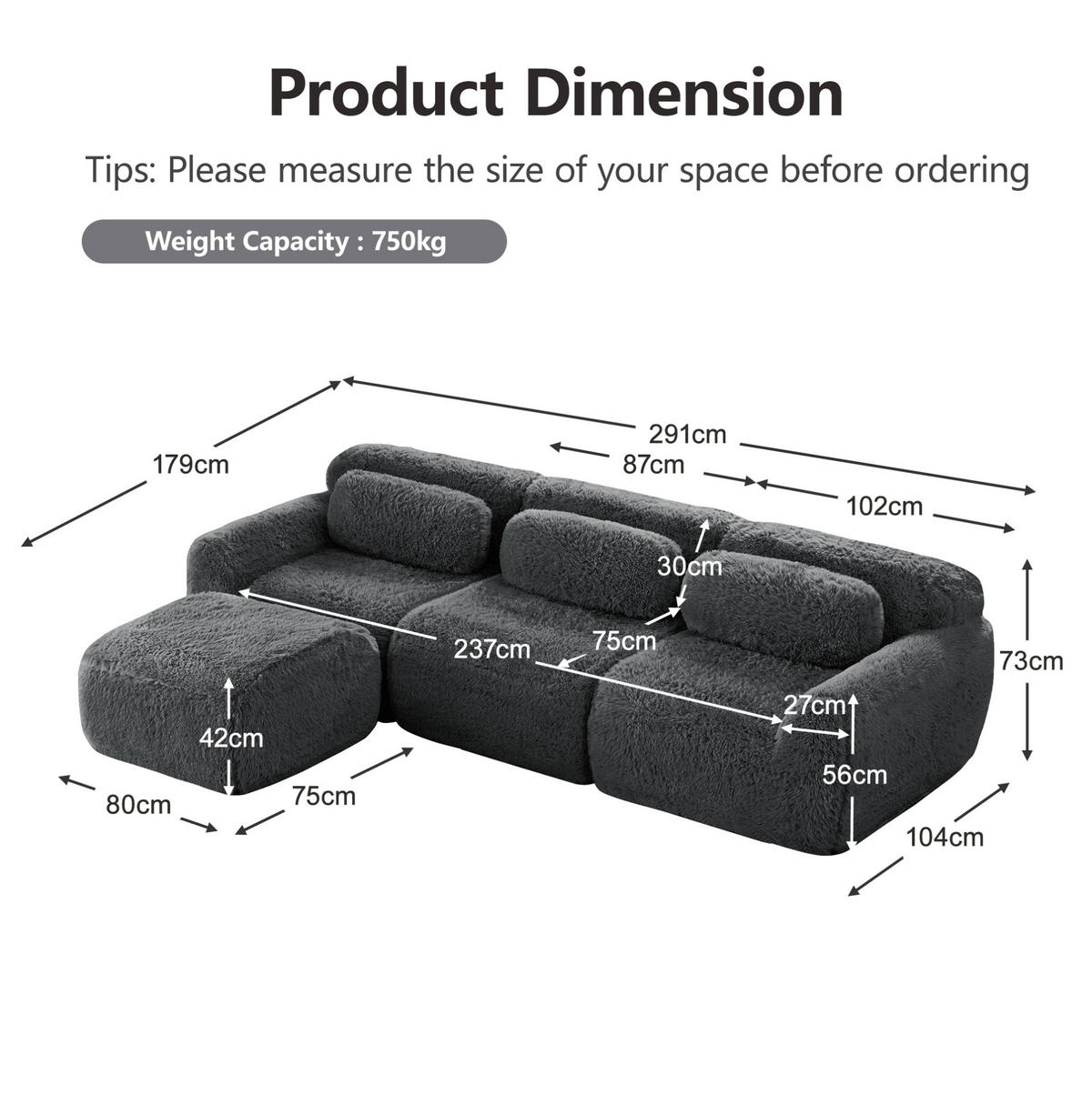 ECKSOFA modular in L-Form Plüsch Grau - Grau, Kunststoff (179/291.2cm) - Meubliv