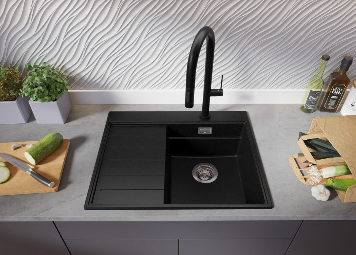 SPÜLBECKEN Sydney, 2-er set Schwarz 62/50 cm 1 Becken + Ablauf-Set + Küchenzubehörset ab 40er Unterschrank - Chromfarben/Beige, Kunststoff (62/20/50cm) - Primagran