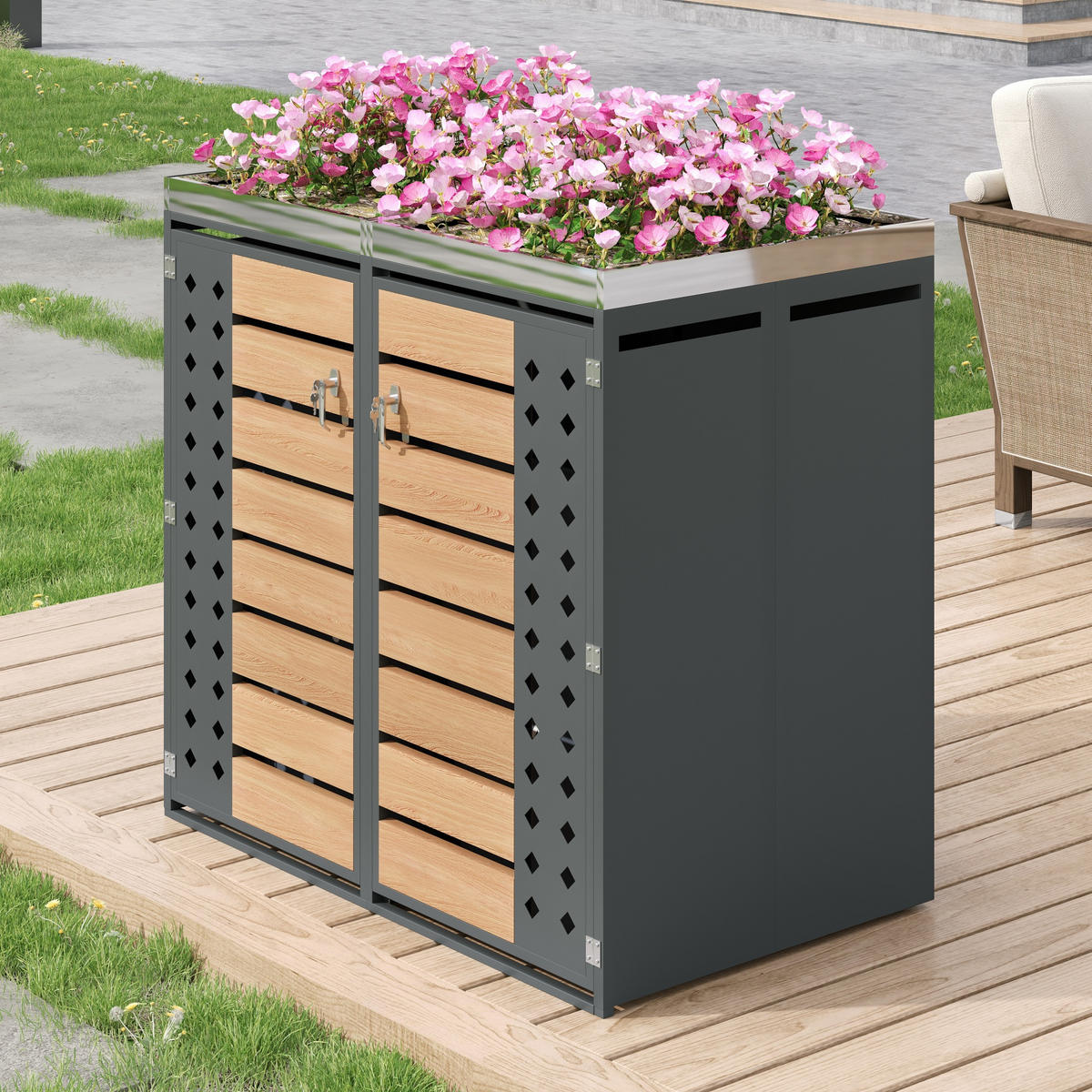 MÜLLTONNENBOX 2 Türen Holzoptik Pflanzfläche - Grau, Metall (132/124.58/80cm) - LEBENLANG