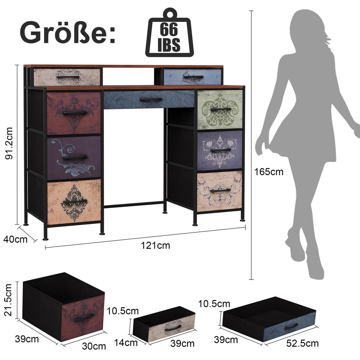 FRISIERTISCH Vintage-Kommode, Stoffschubladen, Schrank mit vier Ebenen, Schminktisch für Schlafzimmer, Beistelltisch für Wohnzimmer - Multicolor, Holz (40/91.2/121cm) - WoodenAura