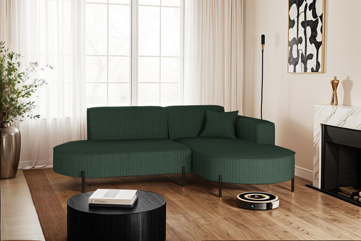 ECKSOFA L-Form Designer Modena Rein stoff Cord Grün Rechts - Grün, Holzwerkstoff (236/165cm) - Kaiser Möbel
