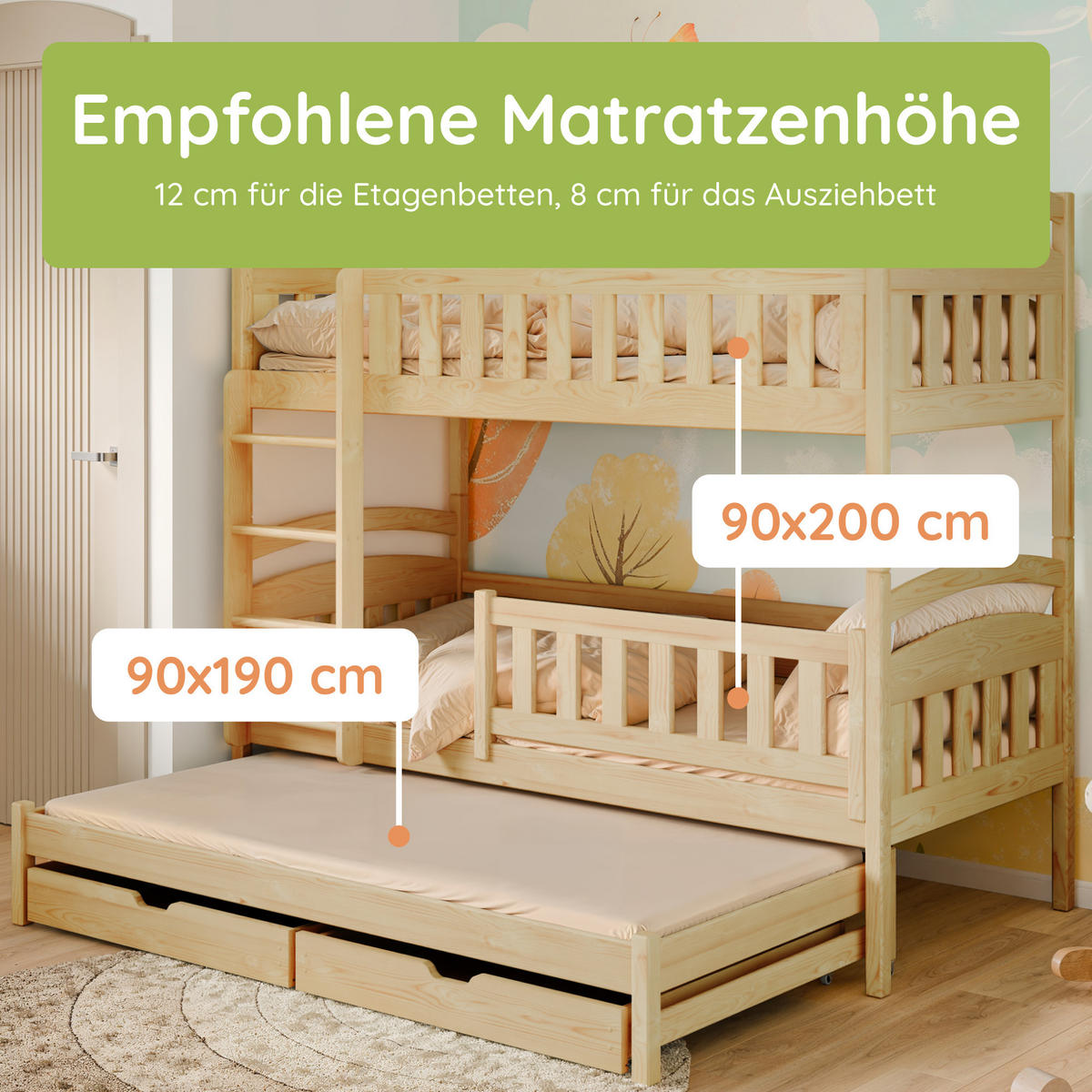 ETAGENBETT Ebba mit Ausziehbett und zwei Schubladen - Naturfarben, Holz (90/200cm) - Kids Collective