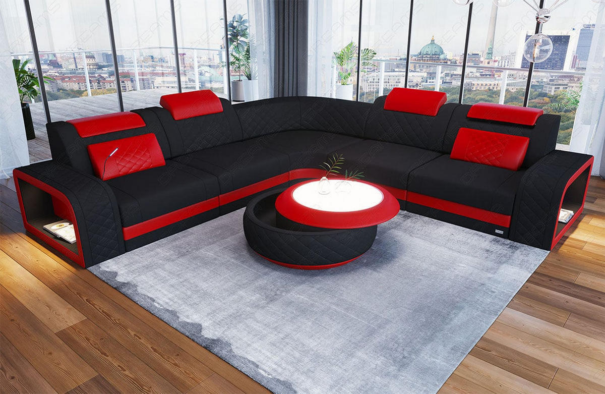 ECKSOFA Sofa Foggia Schwarz Rot Mikrofaserstoff - Schwarz, Kunststoff (294/294cm)