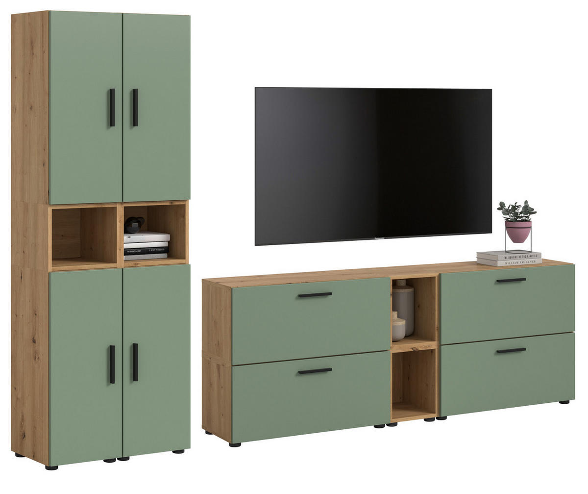 WOHNWAND grün, Eiche Artisan 256 x 178 cm, Schrankwand mit Soft-Close - Schwarz/Eiche Artisan, Holzwerkstoff/Kunststoff (256/151/34cm) - Inn.Furn