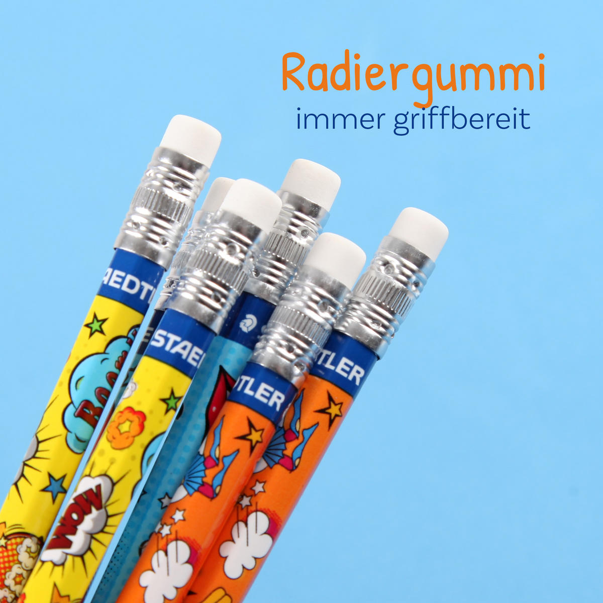 BLEISTIFT 1 x 6er Set Zeichenstifte aus Holz für Kinder und Erwachsende, Comic Design - Vorgespitzte Holzstifte mit Radiergummi zum Malen - Rot/Multicolor, Naturmaterialien (9/19cm) - Bestlivings
