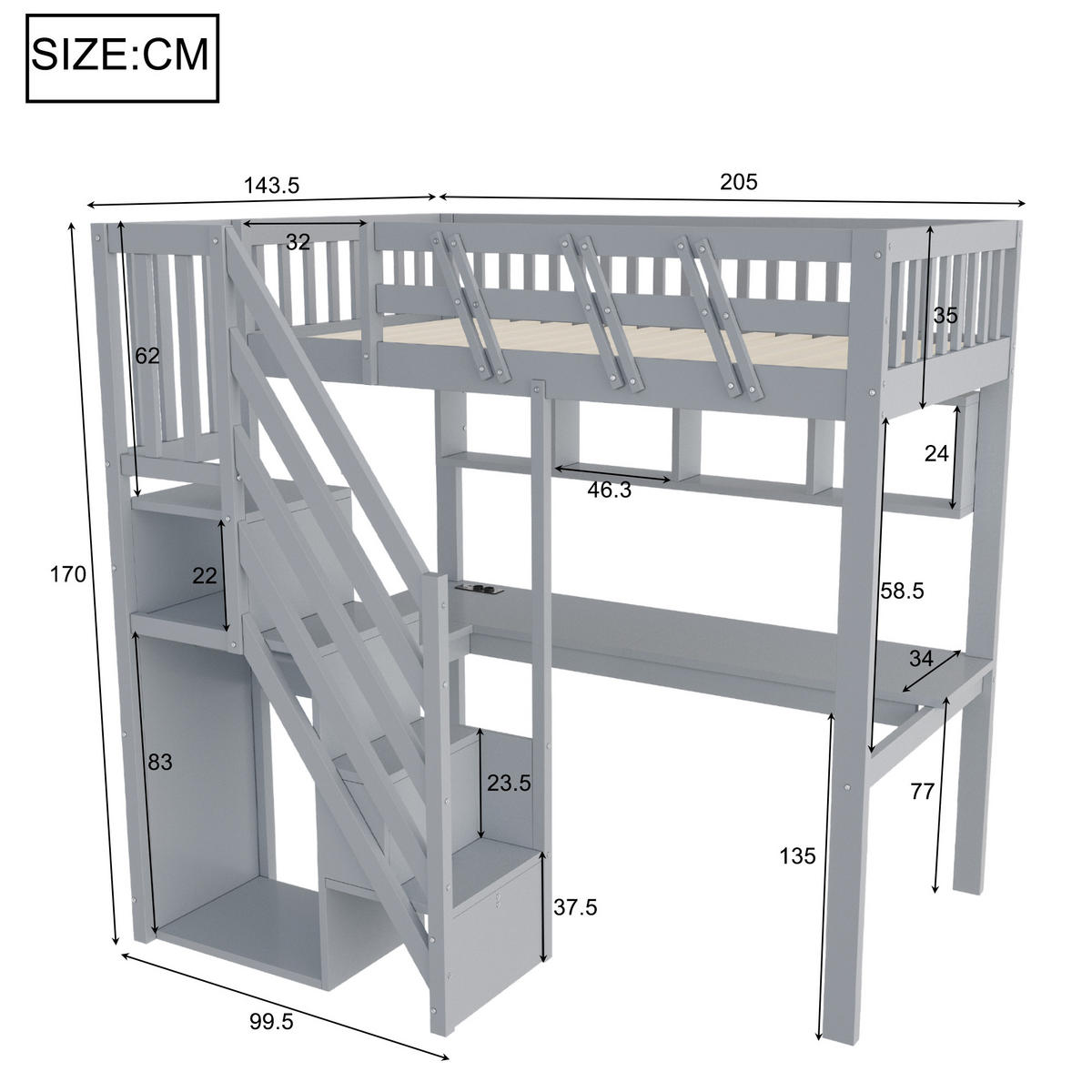 HOCHBETT 90/200 cm mit Stauraumtreppe und Schreibtisch, DE-01497, in Grau - Grau, Holzwerkstoff (90/200cm) - ComfortXL