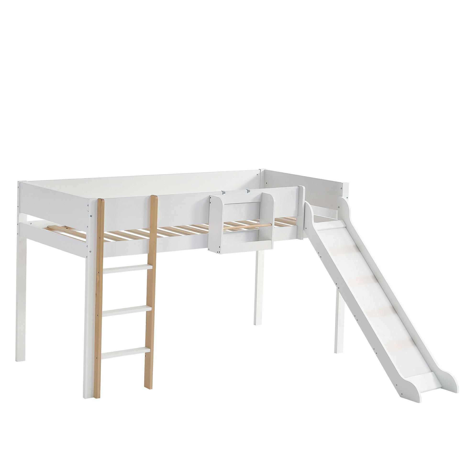 HOCHBETT 90/200 cm in Weiß/Natur – mit Rutsche, Leiter und Rausfallschutz - Weiß, Holzwerkstoff (90/200cm) - BEAOK
