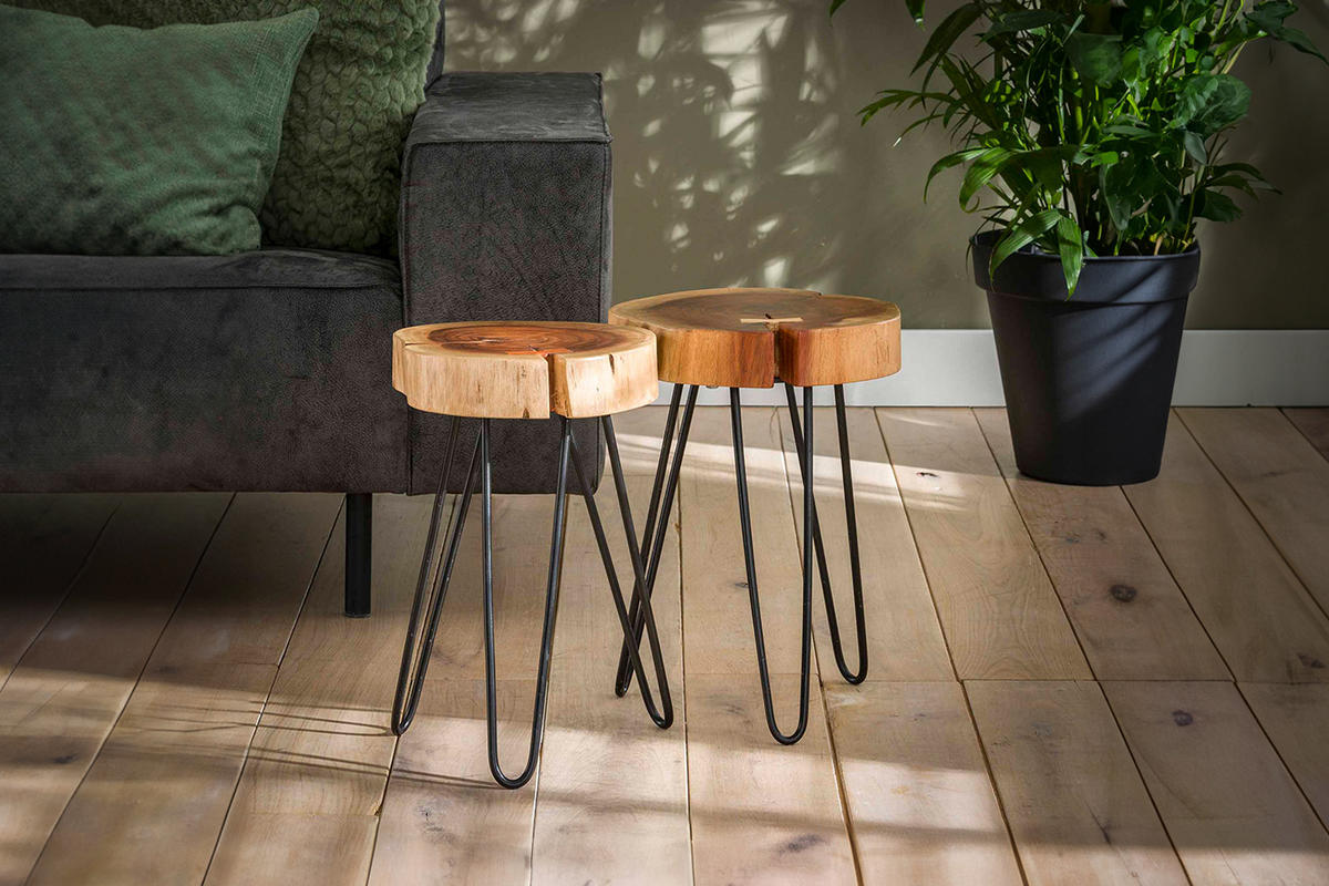 BEISTELLTISCH VIVOSSA 2ER SET Braun Akazie - Schwarz/Braun, Holz/Metall (32/32/45cm) - KAWOLA