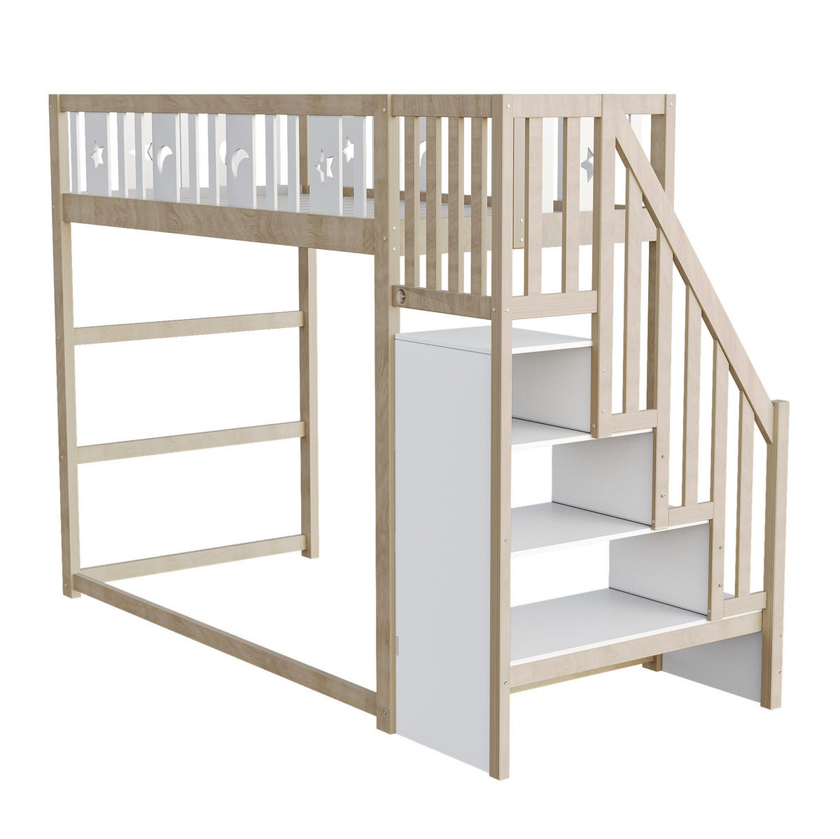HOCHBETT 90/200 cm mit Treppe, Regalen und Stern-Mond-Geländer, Weiß/Natur - Naturfarben, Holzwerkstoff (90/200cm) - Redom