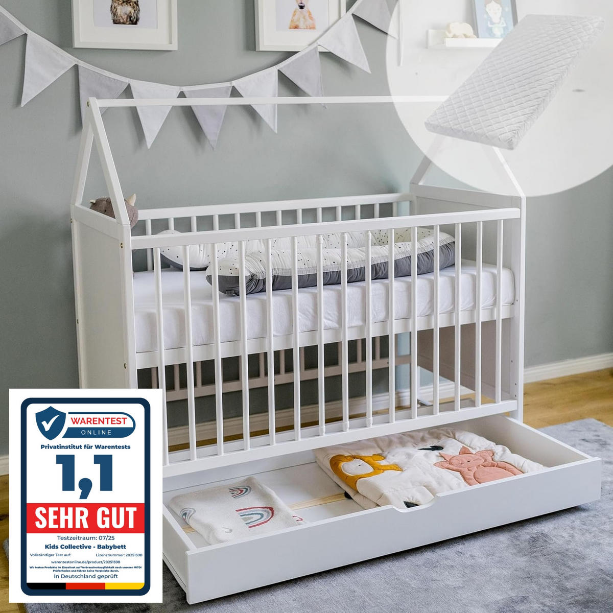 BABYBETT 60x120 cm mit Matratze & Schublade in weiß - Weiß, Holz (60/120cm) - Kids Collective