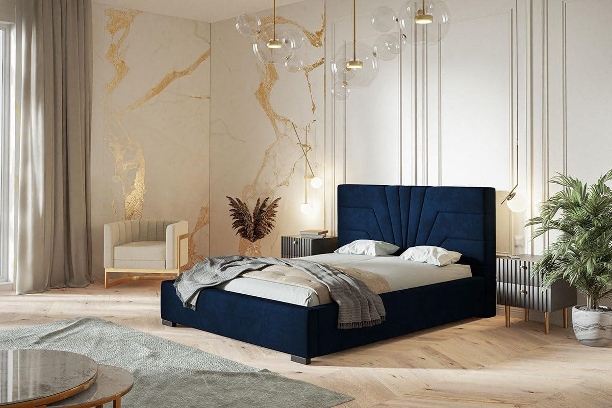 POLSTERBETT Athene mit Kopfteil, 180x200 cm, Doppelbett mit Bettkasten und Lattenrost aus Holz, Velourstoff Dunkelblau - Dunkelblau, Holz/Textil (180/200cm) - Alpi-Möbel