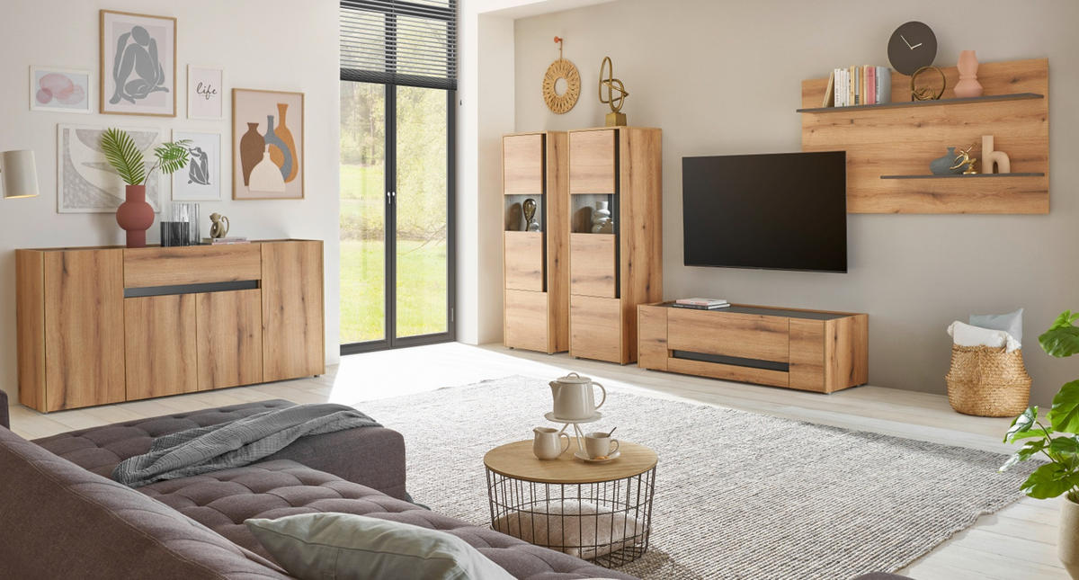 SIDEBOARD Evoke Eiche, grau 170 cm, Kommode mit viel Stauraum - Eichefarben/Schwarz, Holzwerkstoff/Kunststoff (170/87/40cm) - Furn.Design