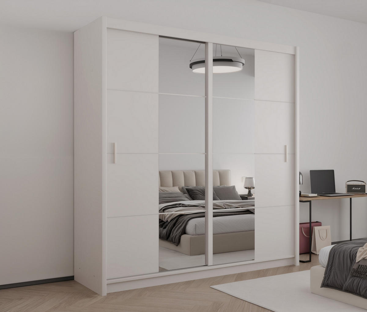 SCHWEBETÜRENSCHRANK KARTHUS 203/215/61 cm 2-türig mit Spiegel Beige - Beige, Holzwerkstoff (203/215/61cm) - MASSENO