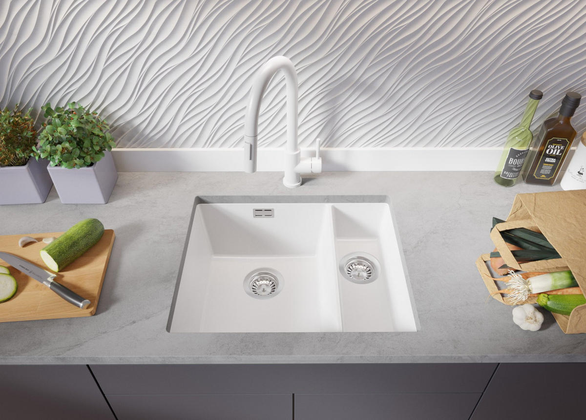 UNTERBAUSPÜLE GRANIT London Duo, 2-er set Weiß 56/47 cm 1,5 Becken + Küchenarmatur 32/20 cm + Ablauf-Set ab 60er Unterschrank - Chromfarben/Weiß, Kunststoff (56/20/47cm) - Primagran