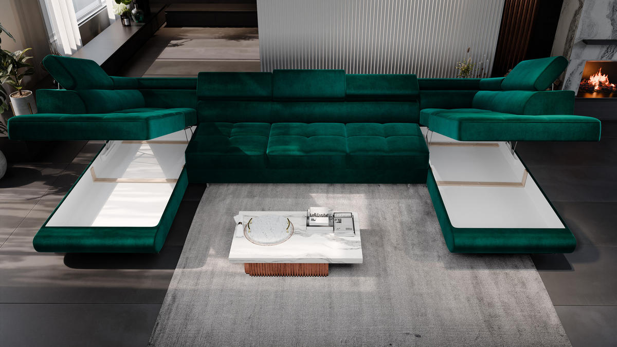 ECKSOFA U-Form WILD MAXI U2 mit Schlaffunktion 125x329 Velours Dunkelgrün - Chromfarben/Dunkelgrün, Holz/Textil (400/90/203cm) - Muffo
