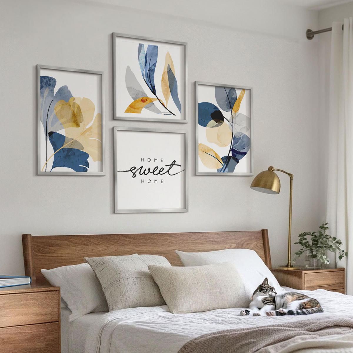 BILDER SET 4er Set - 50x50 cm & 40x60 cm Silberner Rahmen - Aquarell-Pflanzenmotive - Silberfarben, Kunststoff (50/50cm) - TULUP