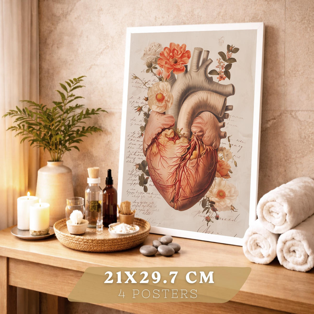 POSTER Set aus 4 Vintage Anatomie Drucke und Wandbilder mit Blumen Herz Lungen Schädel und Gehirn Medizinische Wanddekoration Größe Weißer Rahmen A4 - Weiß, Papier (21/29.7/3cm) - Nacnic