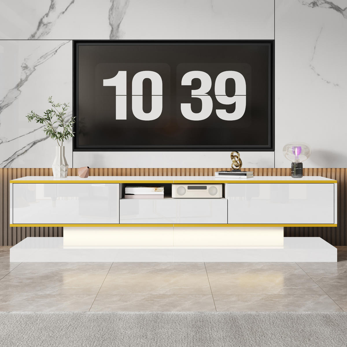 LOWBOARD in Weiß und Gold mit 3 Schubladen und LED-Beleuchtung für Wohnzimmer, B180/T38/H45 cm - Weiß, Holzwerkstoff/Metall (180/45/38cm) - STILVORA