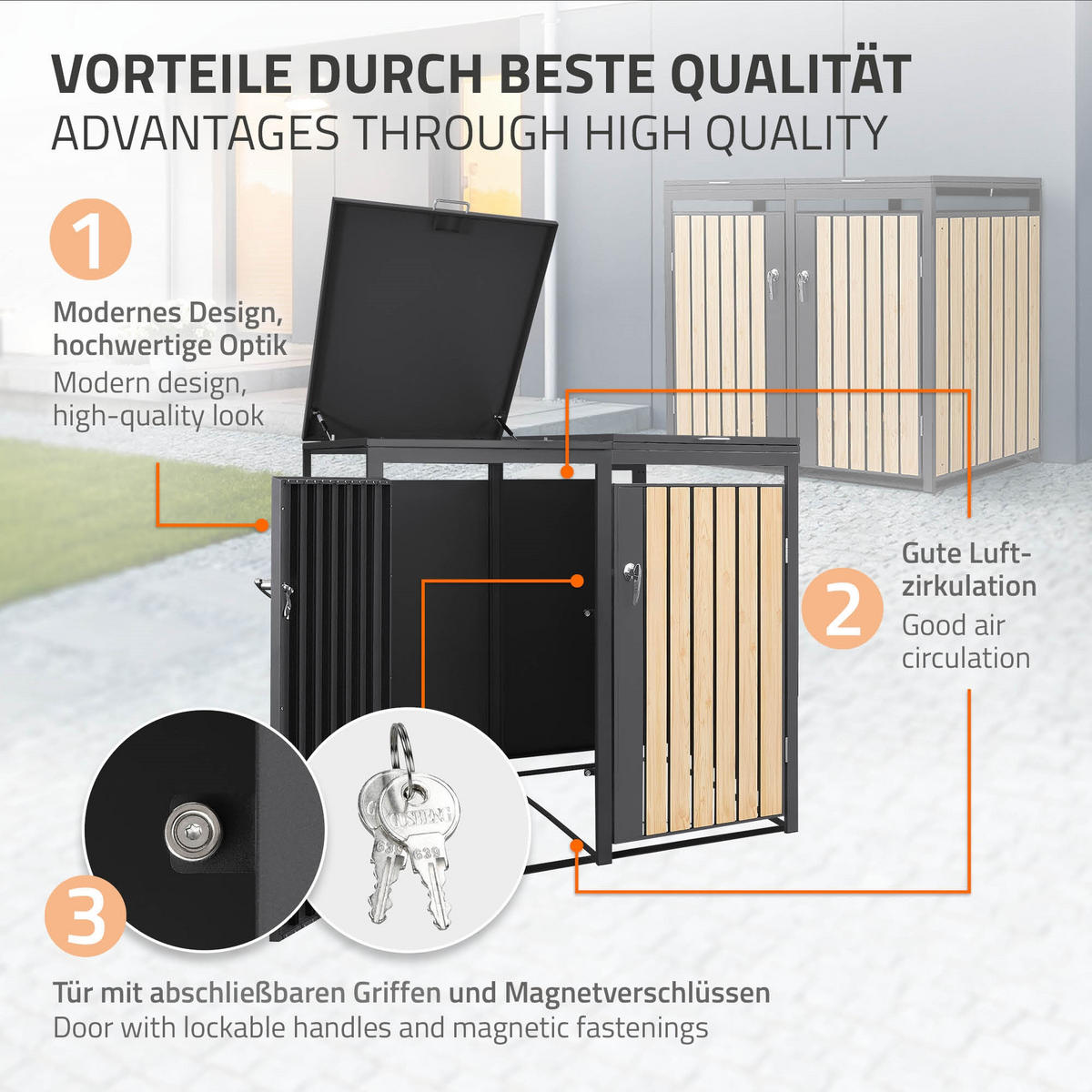 MÜLLTONNENBOX 2er Anthrazit-Lärchenoptik - Naturfarben, Metall (132/120/80cm) - ML-DESIGN