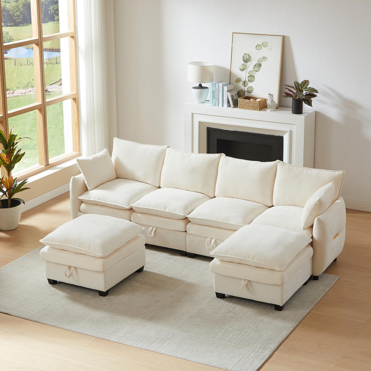 WOHNLANDSCHAFT 281/147/89 cm Beige mit 2 Fußhocker - Beige, Textil (281/89/147cm) - Oxeza
