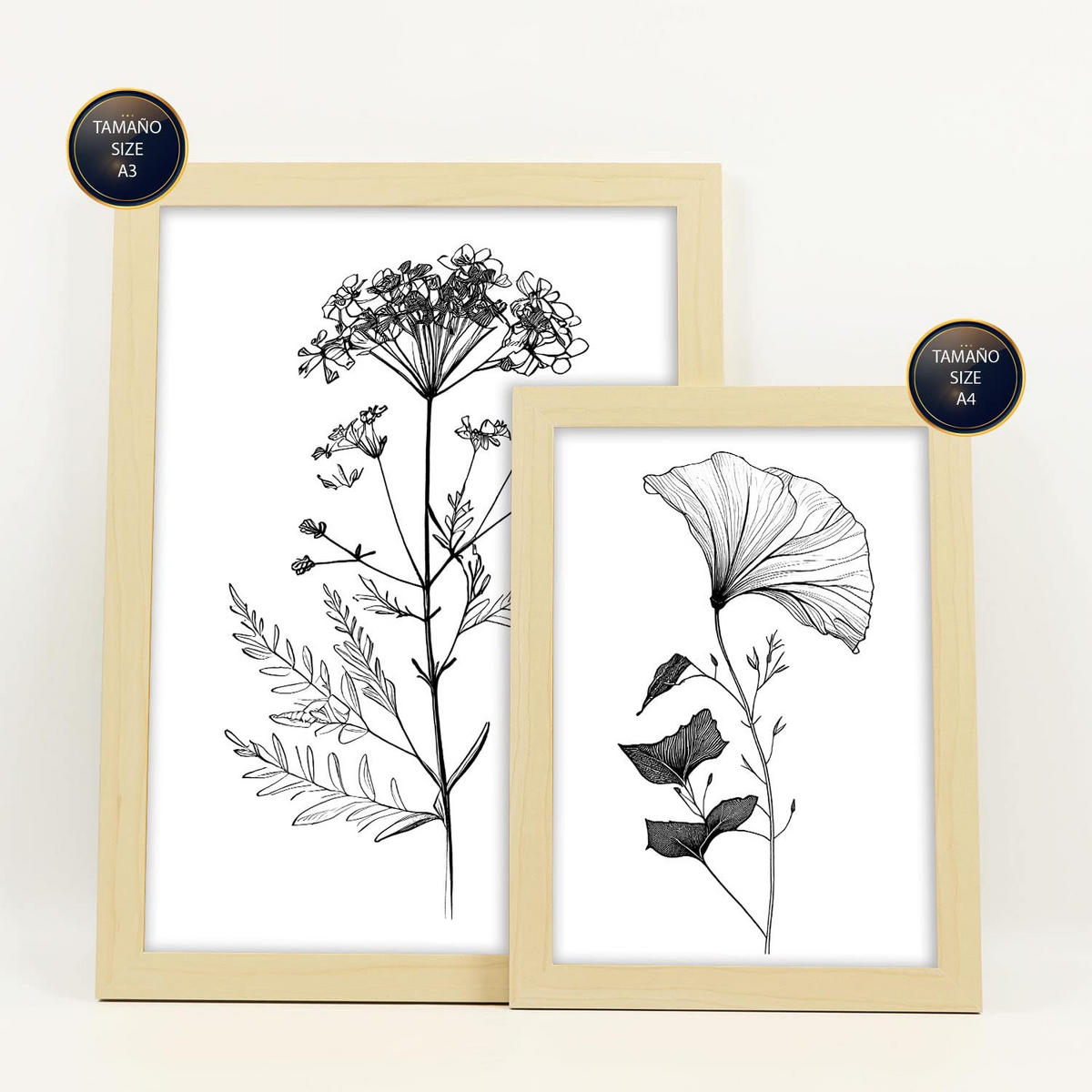 POSTER Set Mit 6 Blühende Blumen Natur Und Botanikdrucke Mit Blumenmotiven In Klassischem Schwarz Und Weiß A3 & A4 Rahmen Aus Hellem Holz - Beige, Papier (29/3cm) - Nacnic