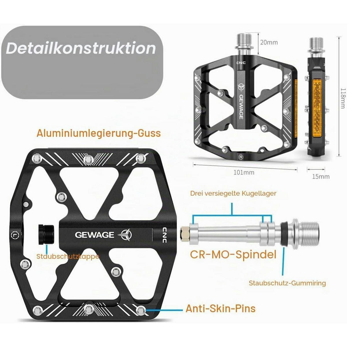 FAHRRADPEDALE Aluminium mit Reflektoren Schwarz - Schwarz, Metall (10.1/1.5/11.8cm)
