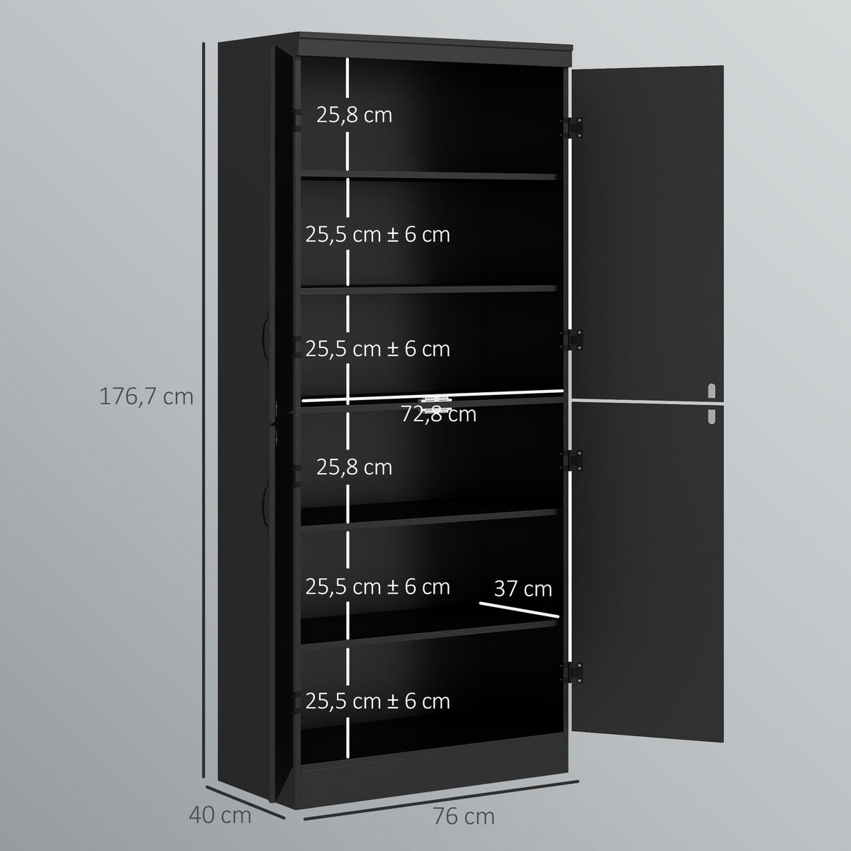 HIGHBOARD DE-11215 4 Türen & 6 Ebenen mit verstellbaren Böden Schwarz - Schwarz, Holzwerkstoff (40/176.7/76cm) - ComfortXL