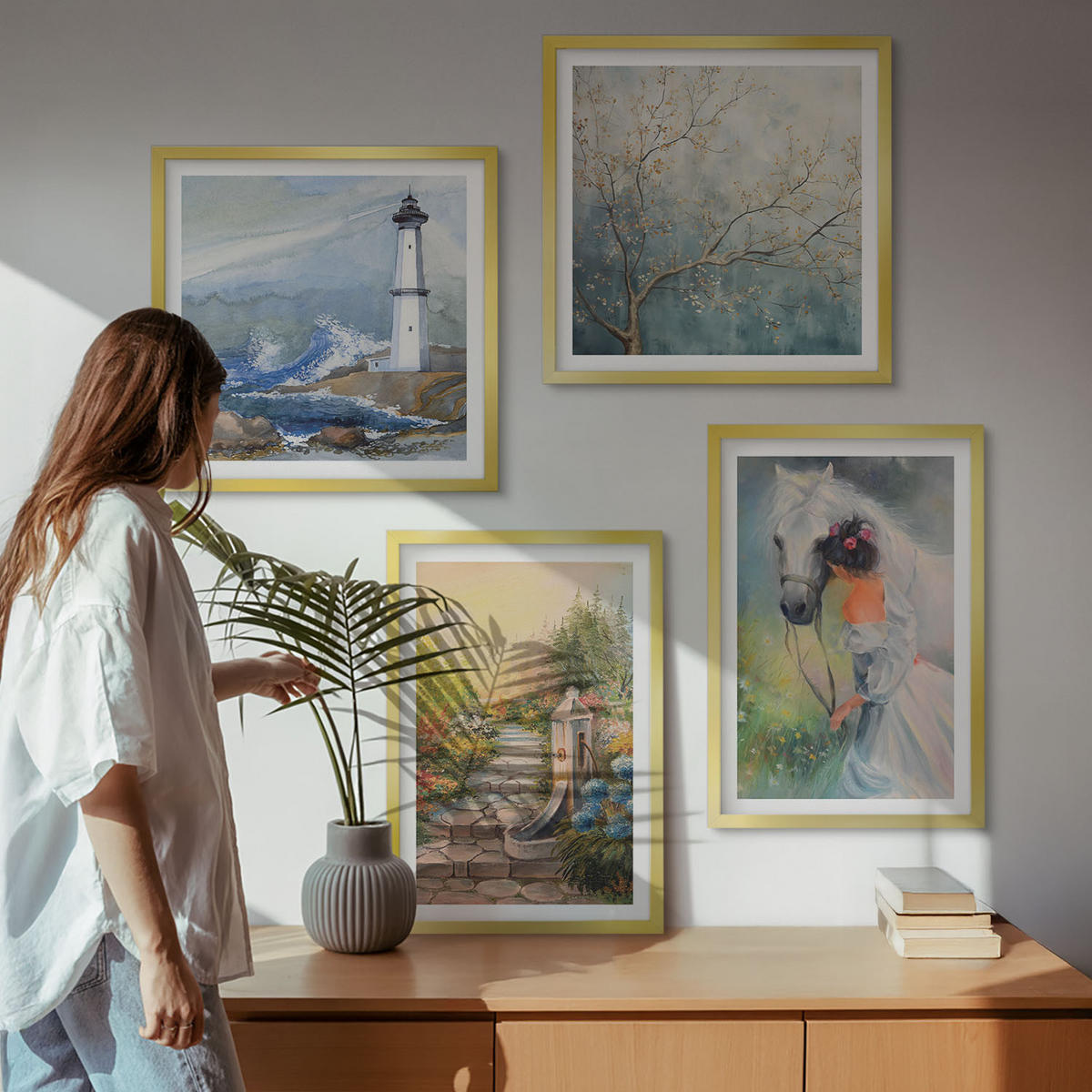 BILDER SET 4er Set - 50x50 cm & 40x60 cm Goldrahmen - Leuchtturm, Landschaft, Mädchen, Pferd - Goldfarben, Kunststoff (50/50cm) - TULUP