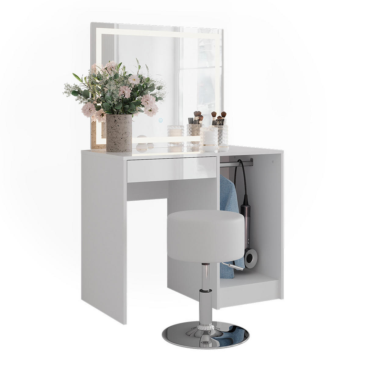 SCHMINKTISCH Sherry Weiß/Weiß Hochglanz 89.8 cm mit LED-Spiegel und Hocker - Weiß Hochglanz, Holzwerkstoff (89.8/76/50.1cm) - Vicco