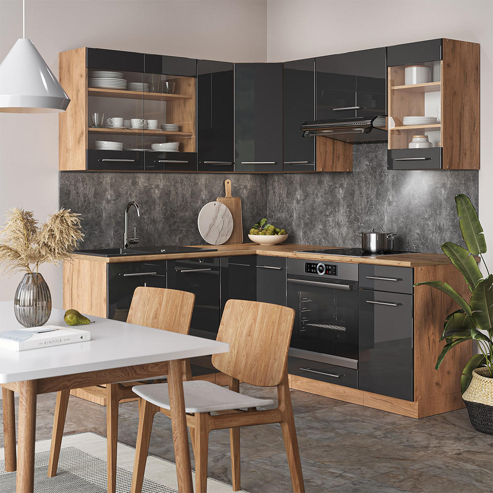 ECKKÜCHE Fame-Line Anthrazit Hochglanz/Goldkraft Eiche 160 x 190 cm AP Anthrazit - Honigeiche/Anthrazit, Holzwerkstoff (190/81.6/60cm) - Vicco