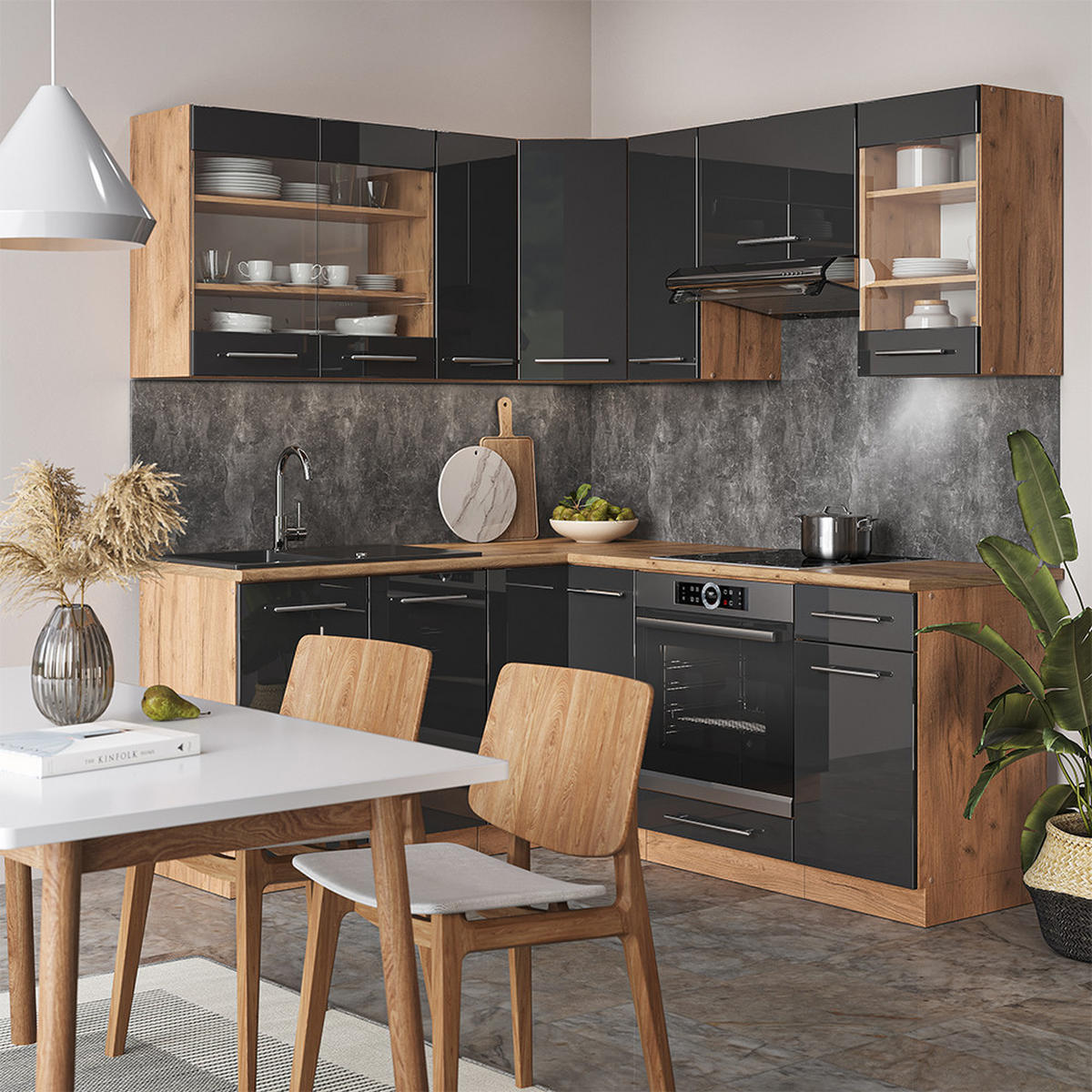 ECKKÜCHE Fame-Line Anthrazit Hochglanz/Goldkraft Eiche 160 x 190 cm AP Marmor - Anthrazit/Eiche Wotan, Holzwerkstoff (190/81.6/60cm) - Vicco