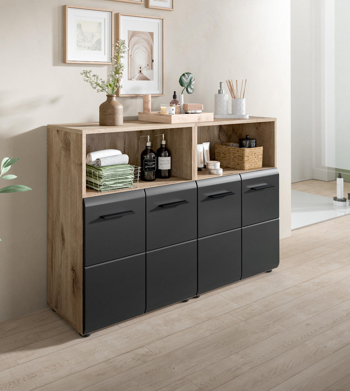 MIDISCHRANK Set Schwarz matt, Eiche Nox, 2x Badkommode, gesamt 120 x 80 cm - Eichefarben/Schwarz, Holzwerkstoff/Kunststoff (120/80/30cm) - Inn.Furn