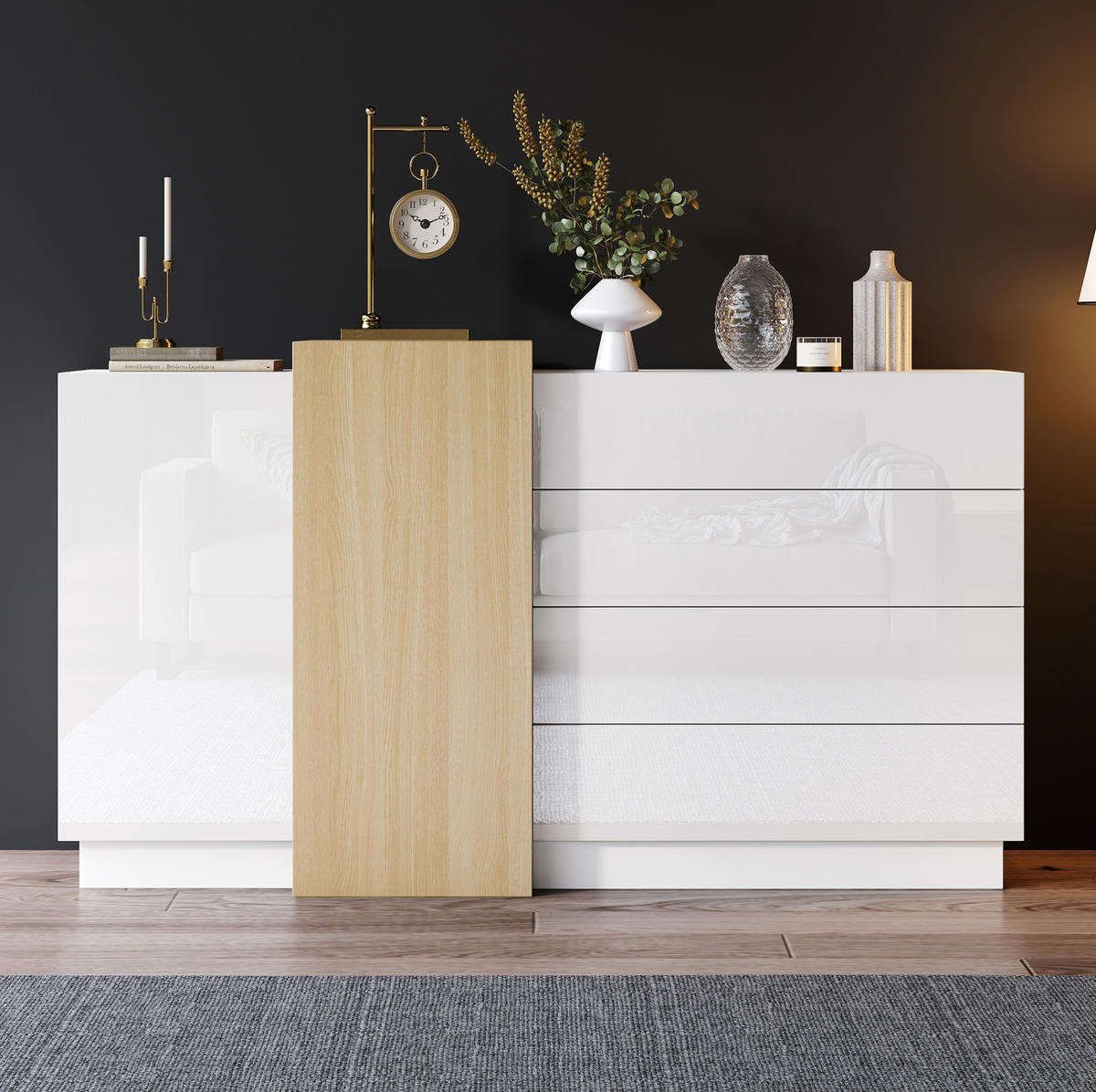 SIDEBOARD 140/35/76,5 cm mit 4 Schubladen, 2 Türen, Push-to-Open und Hochglanzfront, Weiß - Weiß, Holzwerkstoff (140/76.5/35cm) - Redom