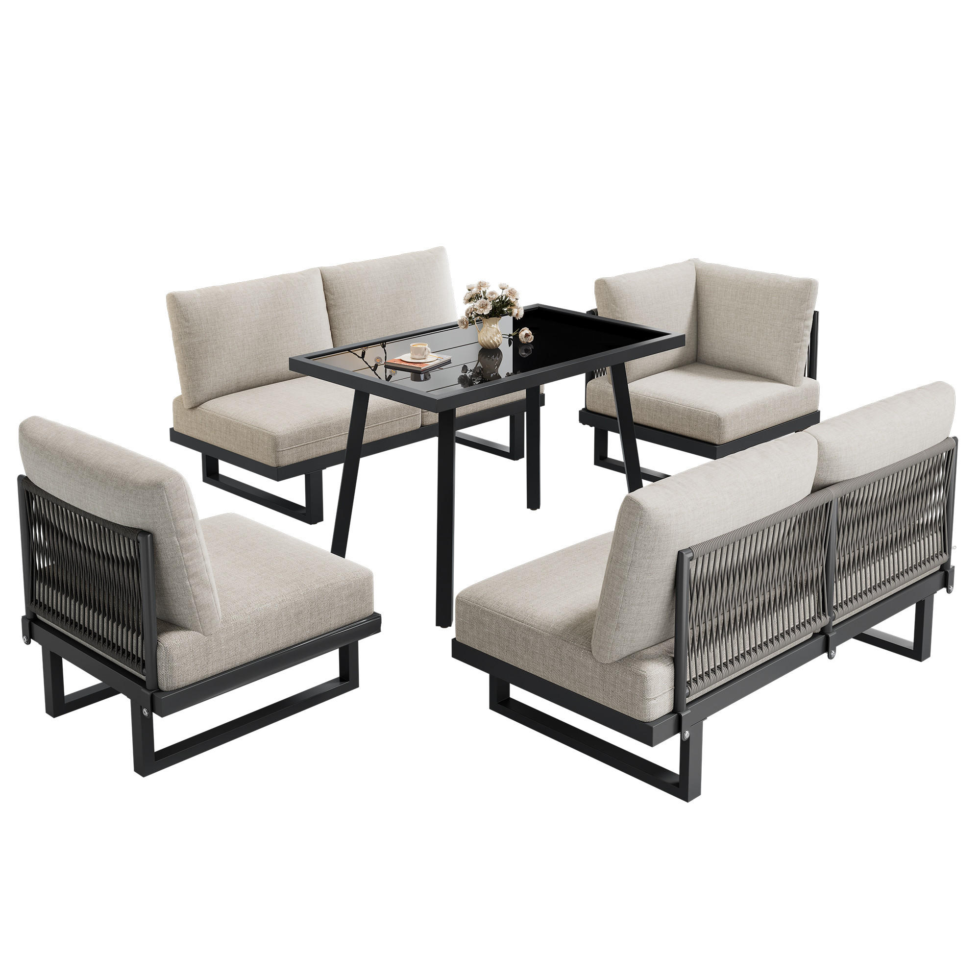 GARTEN-ESSGRUPPE Ecksofa Liegebett Umwandelbar Stahl Graubeige - Grau, Textil - FLIEKS