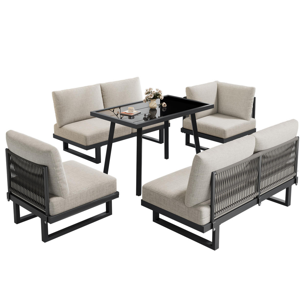 GARTEN-ESSGRUPPE Ecksofa Liegebett Umwandelbar Stahl Graubeige - Grau, Textil - FLIEKS