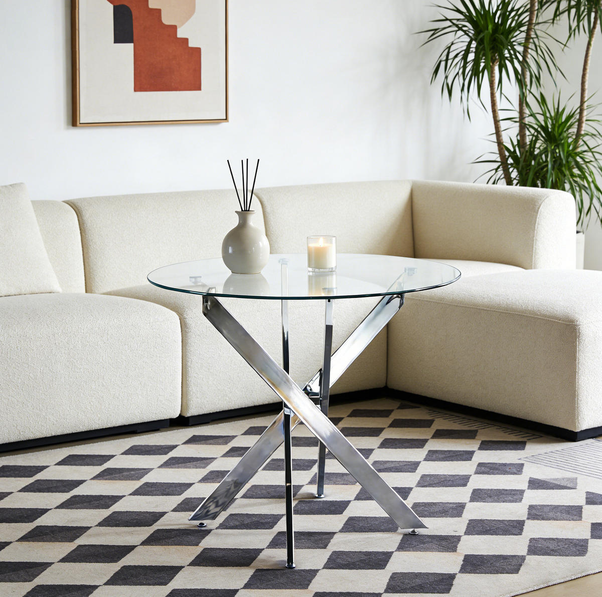 ESSTISCH aus Glas und Metall 80x80x75 cm Silber mit pflegeleichter Oberfläche und stabilem Kreuzgestell - Silberfarben, Metall (80/80/75cm) - Modfu