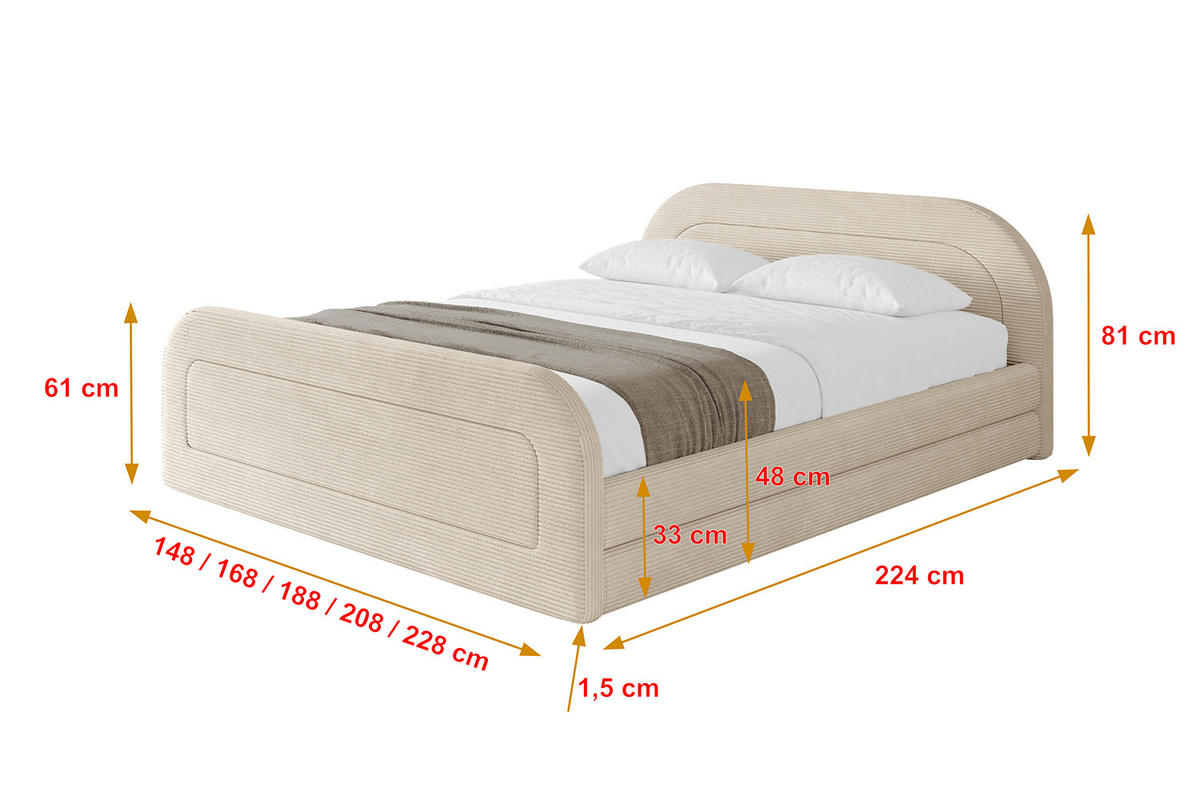POLSTERBETT mit Bettkasten, Fußteil und Lattenrost, Boxbett mit Matratze H3/H4 - LERIS-v1-Z 120x200 Beige - Creme, Holzwerkstoff/Textil (120/200cm) - ALTDECOR
