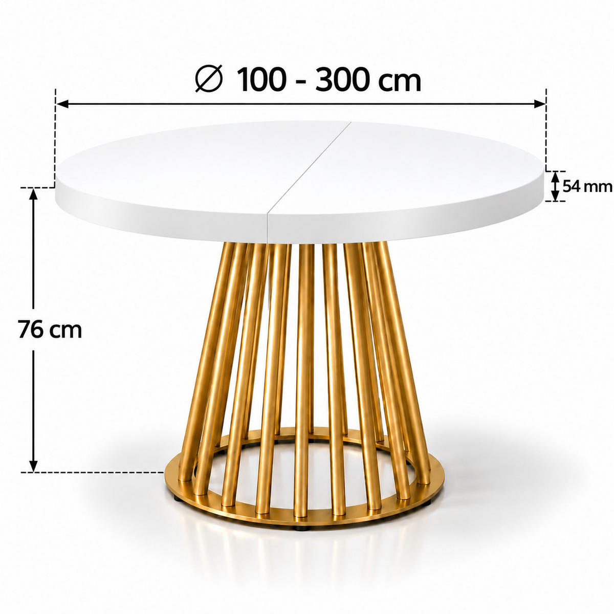 ESSTISCH rund ausziehbar 100/300/76 cm, Weiß, 54 cm Tischplatte + Lamellen-Metallgestell Gold - Goldfarben/Weiß, Holzwerkstoff/Metall (100/300/76cm) - Damale Möbel