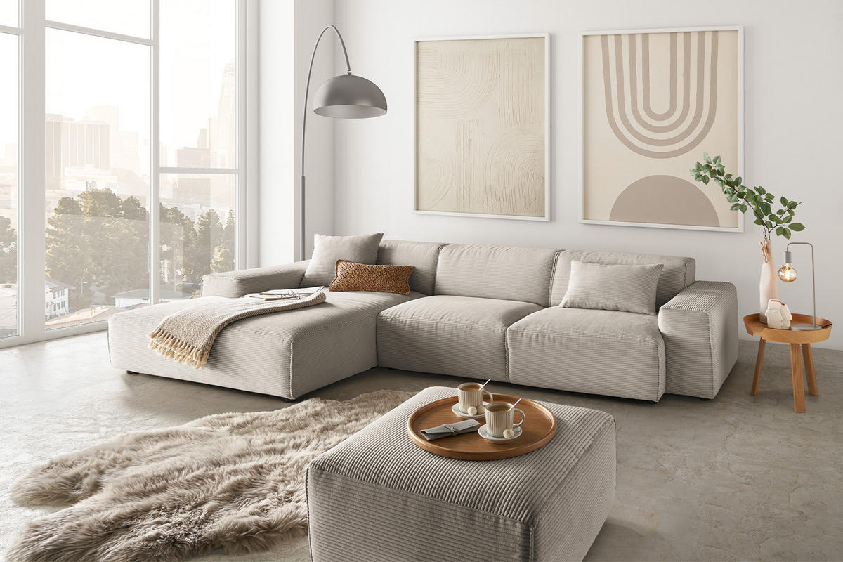 ECKSOFA RANI Steingrau Cord - Greige/Schwarz, Kunststoff/Textil (299/189cm) - KAWOLA