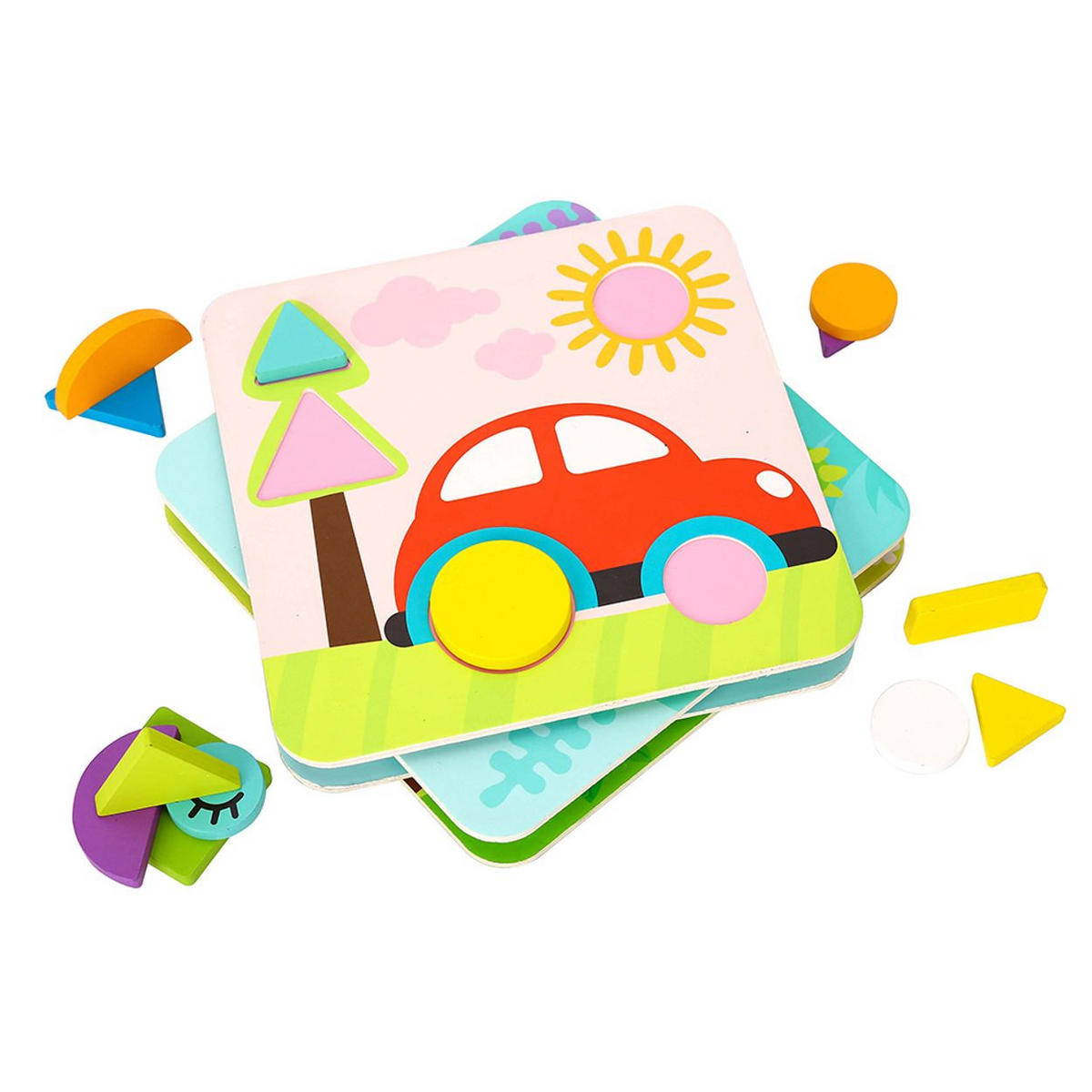 HOLZPUZZLE TL396 4er Set bunt Holz, 4er Set, 3D Formen, 34 Puzzleteile, ab 18 Monate, Motorik - Multicolor, Holz (22/22cm) - Tooky Toy