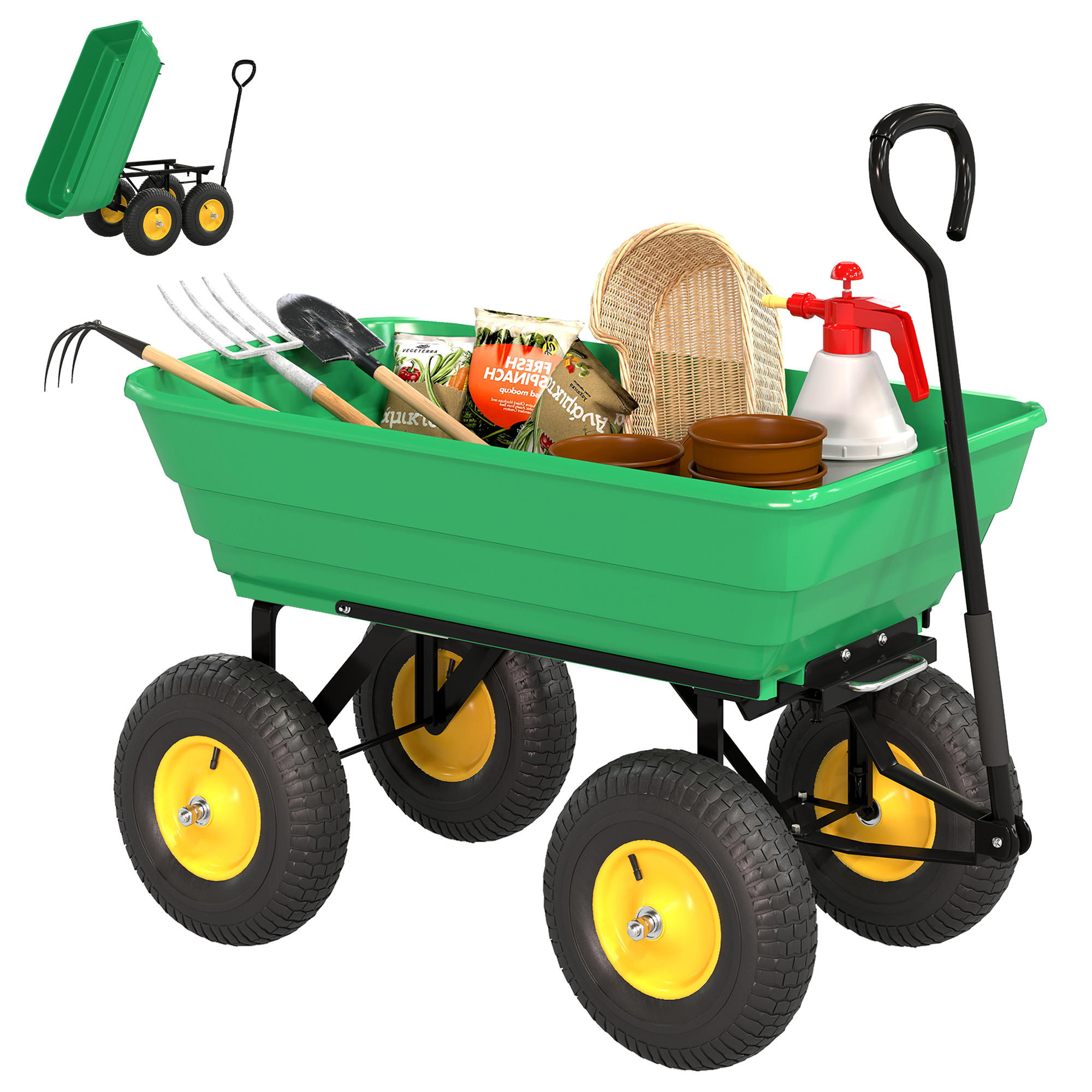 GARTENWAGEN DE-17574 75 L Kippmulde, 200 kg, 4 Luftreifen Gelb/Grün - Grün, Kunststoff (52/94/109cm) - ComfortXL