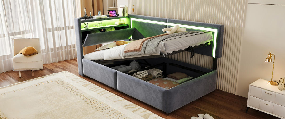POLSTERBETT 90/200 cm Grau aus Samt mit Stauraum - Grau, Textil (90/200cm) - OKMYHOME