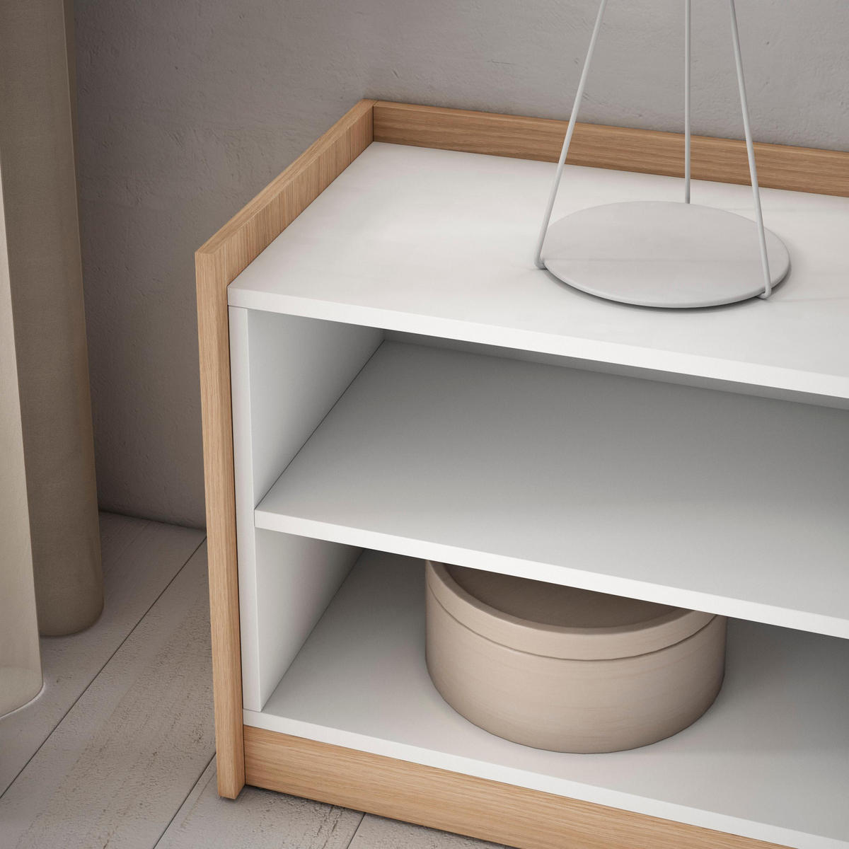 TV-SCHRANK, Lowboard, Weiß und Eiche Soft, Elektrokamin, 310/37/50cm - Weiß, Holzwerkstoff (310/50/37cm) - Skraut Home