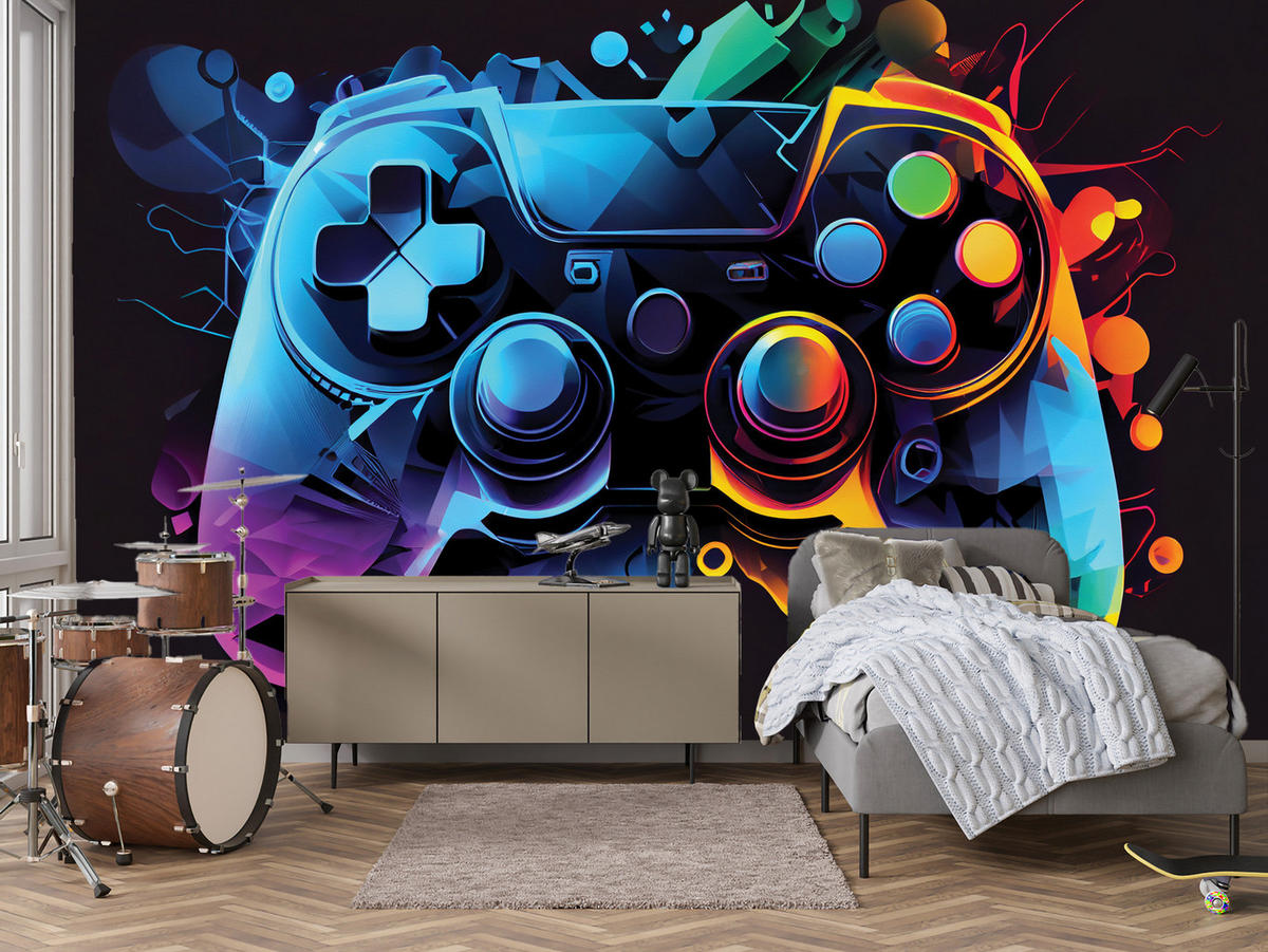 FOTOTAPETE Gamecontroller Abstraktion Moderne Muster 350x256 - Gelb/Rot, Papier (350/256cm) - Muralo