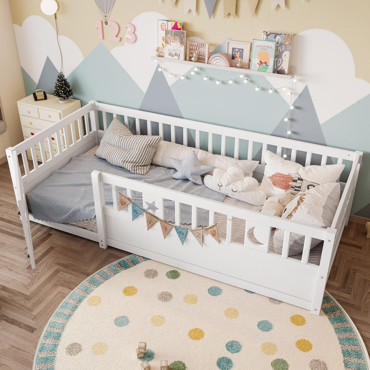 PANELBETT 90x190cm Weiß Kinderbett Gitter Stern-Mond-Dekoration - Weiß, Holz (90/190cm) - FLIEKS