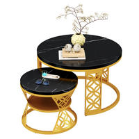 COUCHTISCH-SET mit Marmoreffekt und Metallrahmen Basis, Stapelbarer Beistelltisch Set 70/70/45 cm + 45/45/37 cm, Schwarz und Gold - Schwarz, Holzwerkstoff (70/70/45cm) - Redom