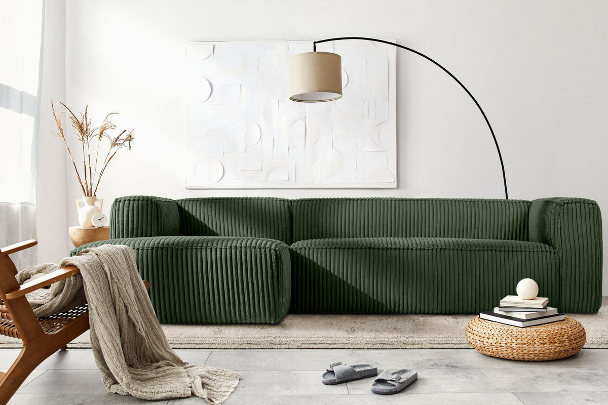 ECKSOFA-LINKS FEROX Modern, Cord-Stoff, dunkelgrün - Dunkelgrün, Textil (305/175cm) - KONSIMO®